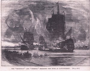 Statki "Mountjoy" i "Phoenix" przerywające boom w Londonderry AD 1689